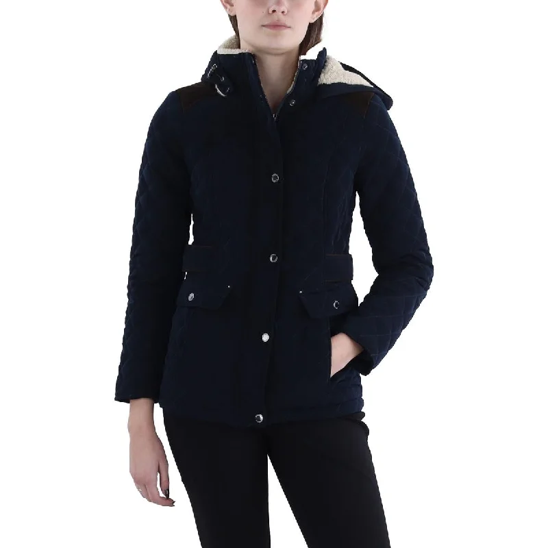 Petites Womens Faux Fur Hooded Quilted Coat Hoodie with V-Neck Classic Versatile