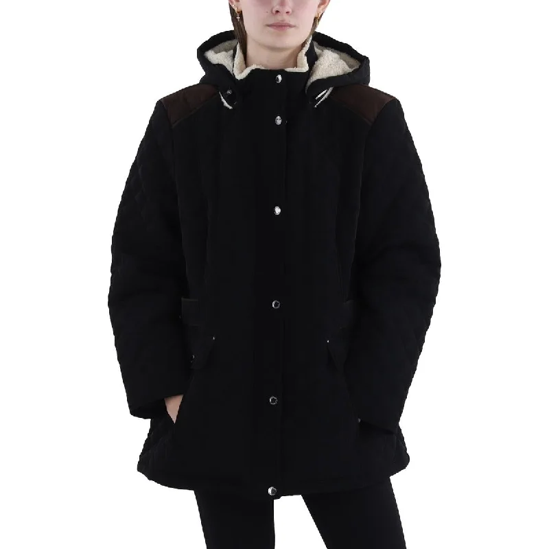 Plus Womens Faux Fur Hooded Quilted Coat Hoodie with Rolled Sleeves Casual Relaxed