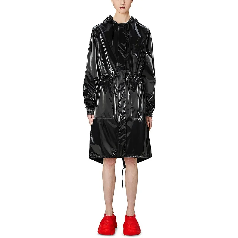 Womens Faux Leather Hooded Raincoat Hoodie with Illustration Artistic Creative