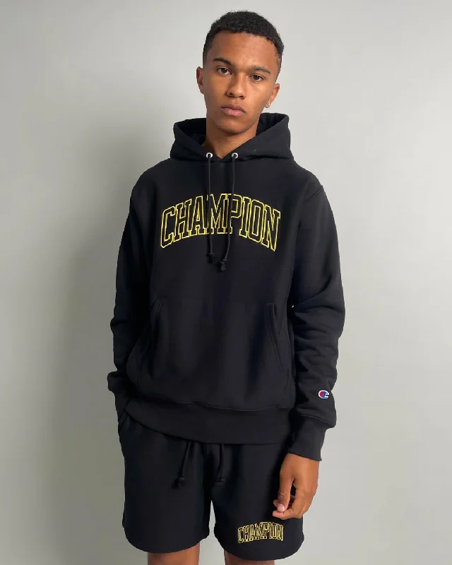 Champion Reverse Weave Varsity Hoodie Black Hoodie with Ribbed Neckline Snug Warm