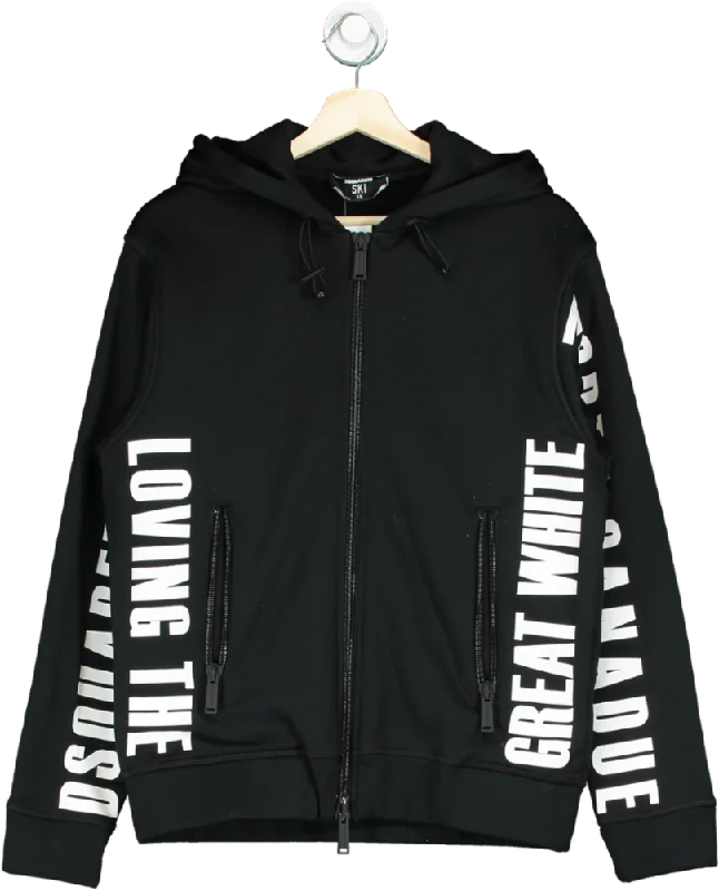 DSQUARED2 Black Tech Fabric Ski Hoodie  UK XS Hoodie with Back Slit Movement Comfort