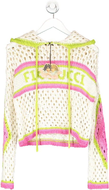 FIORUCCI White Crocheted Hoodie UK S Hoodie with Gradient Ombre Colorful