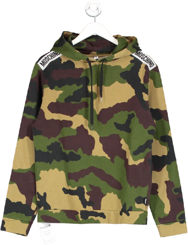 Moschino Green Camo Print Logo Tape Hoodie UK S Hoodie with Hem Detail Decorative Unique Moschino Green Camo Print Logo Tape Hoodie UK S Hoodie with Hem Detail Decorative Unique