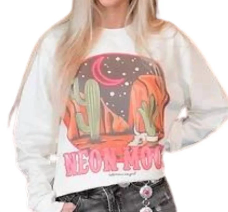 Neon Moon Cropped Sweatshirt In Cream Hoodie with Hem Frayed Vintage Worn