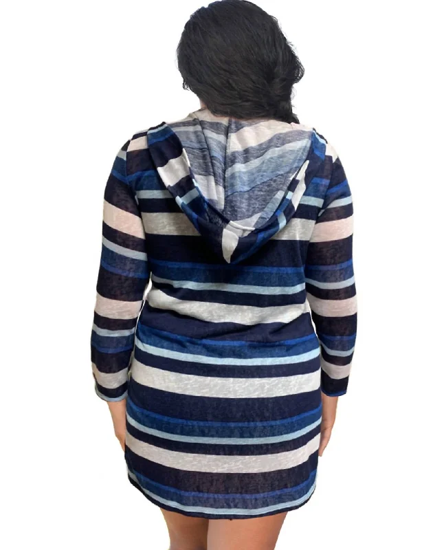 Plus Size Long Sleeve Hooded Cover Up Tunic In Blue Stripe Hoodie with Hem Raw Edge Edgy Unfinished Plus Size Long Sleeve Hooded Cover Up Tunic In Blue Stripe Hoodie with Hem Raw Edge Edgy Unfinished